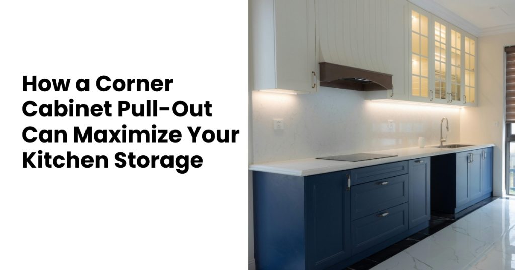 Corner cabinet pull-out organizer installed in kitchen cabinet for easy access to pots, pans, and kitchen essentials