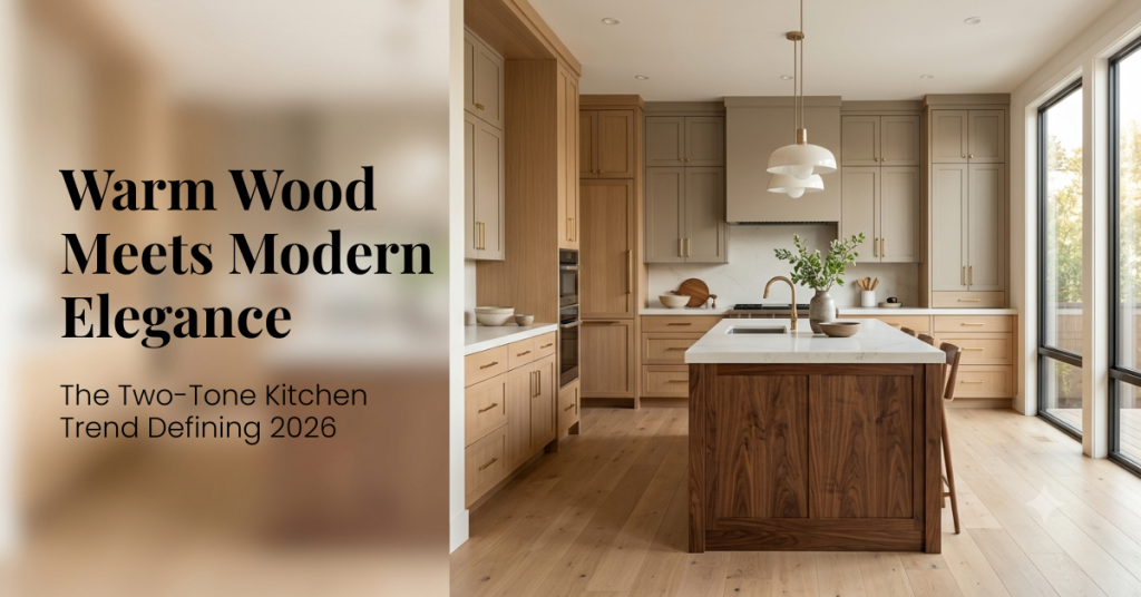 Modern two-tone kitchen with warm wood cabinetry, taupe cabinets, and a dark wood island, illustrating the 2026 kitchen design trend.